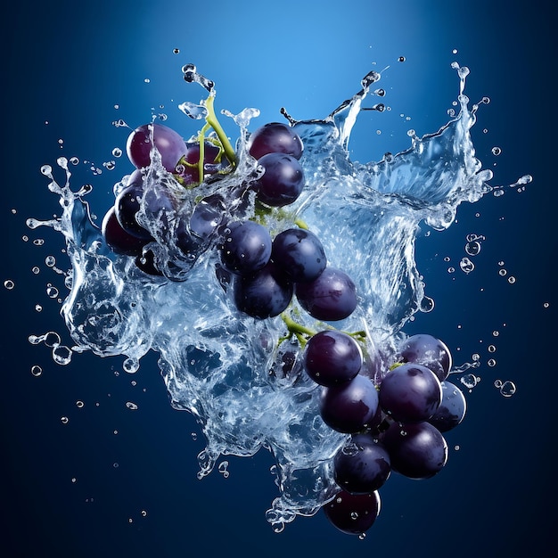 Uvas azules frescas y salpicaduras de agua