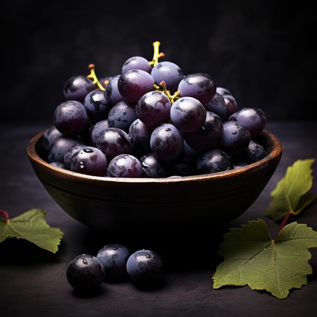 Uvas azules en un plato Uvas oscuras en un plado de porcelana sobre un fondo negro Un racimo de uvas