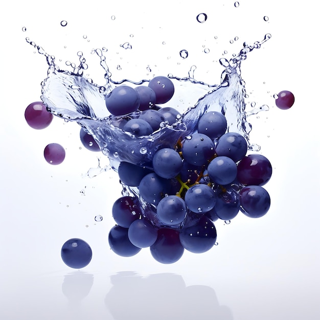 Uvas azules con salpicaduras de agua aisladas sobre un fondo blanco