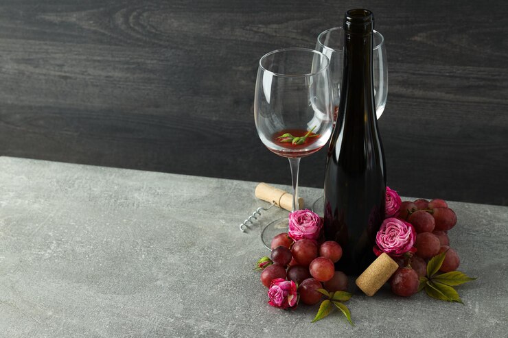 Uvas de botella de vidrio y vasos sobre fondo gris espacio para texto
