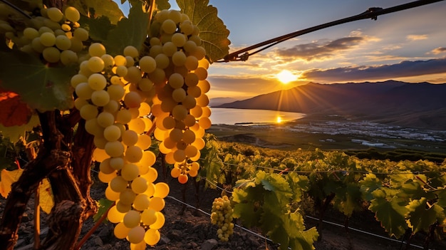 Uvas brancas em uma videira em uma vinha em um pôr-do-sol