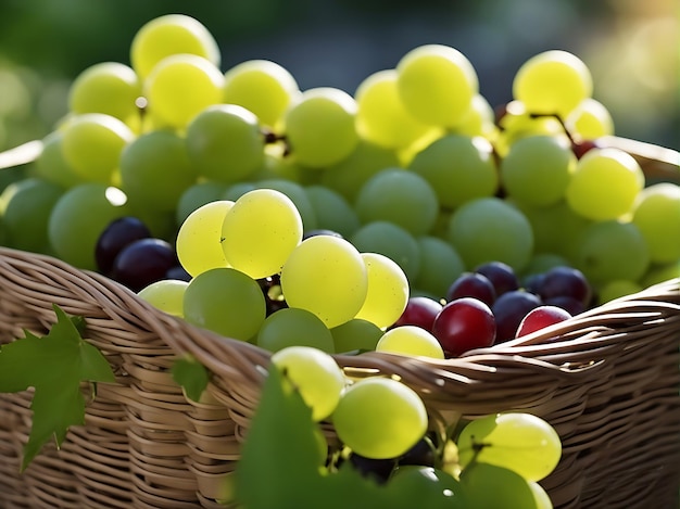 Foto uvas en una canasta con una hoja en el fondo de una hoja verde