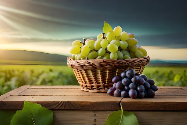 uvas en una canasta en una mesa de madera con una puesta de sol en el fondo.