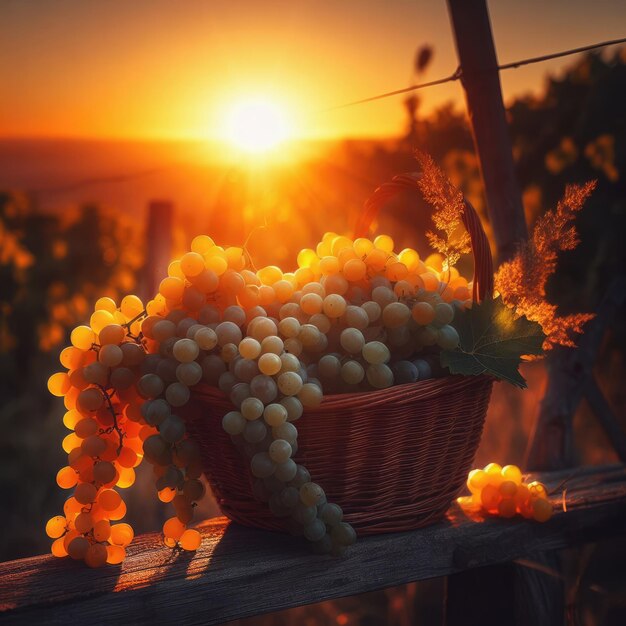 Foto uvas en una canasta en una mesa con el sol detrás de ellos