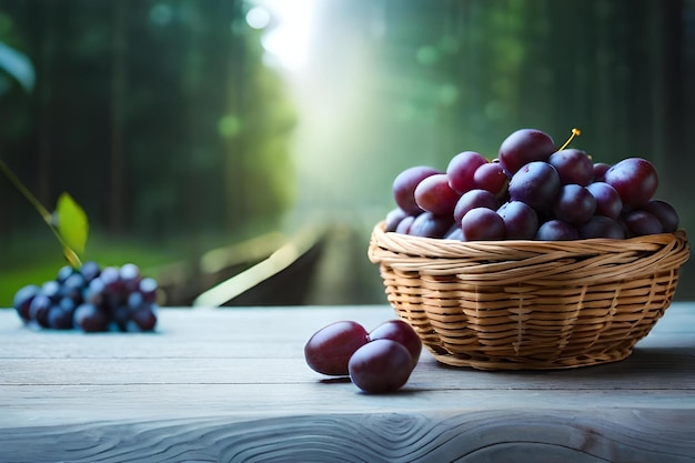 Uvas en una canasta sobre una mesa en el bosque