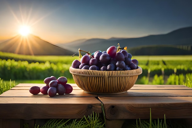 Uvas en una canasta sobre una mesa frente a una montaña