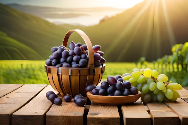 Uvas en una cesta de mimbre sobre una mesa con una cesta de uvas.
