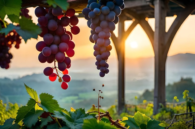 Uvas colgando de una vid con la puesta de sol detrás de ellas