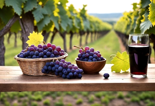 Las uvas se colocan en una canasta con un vaso de jugo en una mesa generada por ai