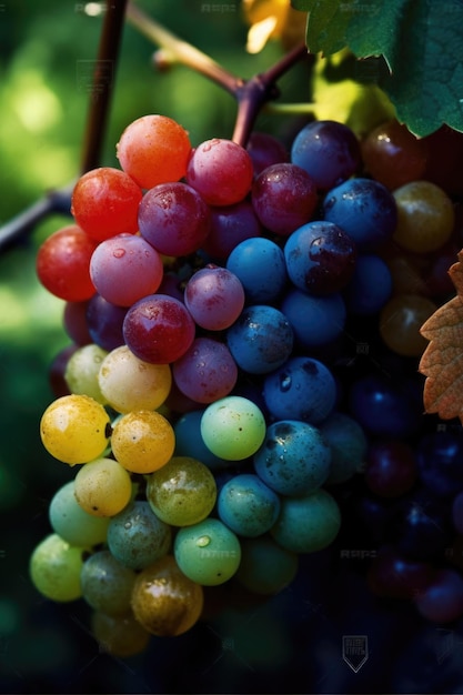 Uvas coloridas do arco-íris na videira para rótulos e menus de vinhos IA generativa