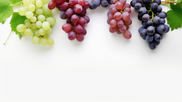 Uvas coloridas em fundo branco vista superior criada com tecnologia de IA generativa