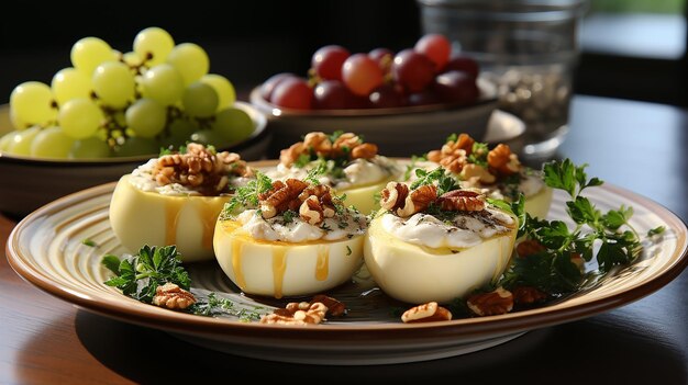 Foto uvas congeladas con nueces, queso duro y fondo de bokeh