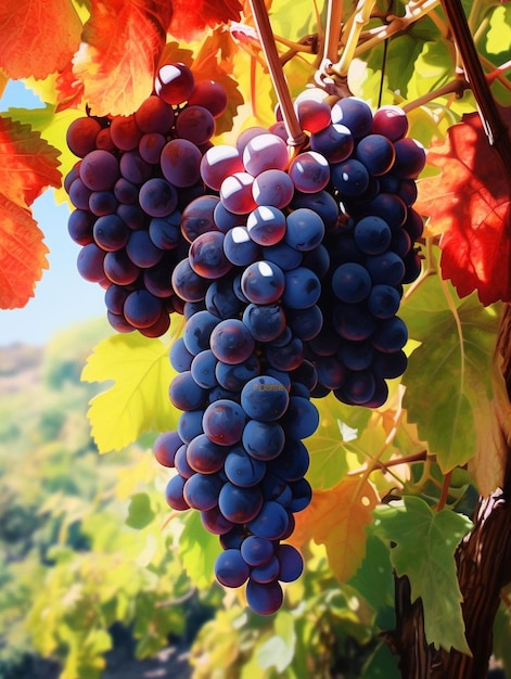 las uvas cuelgan de una vid con una montaña al fondo.