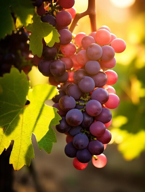 Las uvas cuelgan de una vid con el sol brillando a través de las hojas.