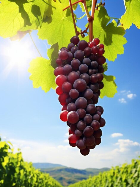 Las uvas cuelgan de una vid con el sol brillando a través de las hojas.