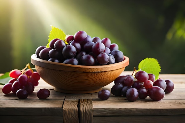 uvas en un cuenco con una hoja verde en el fondo