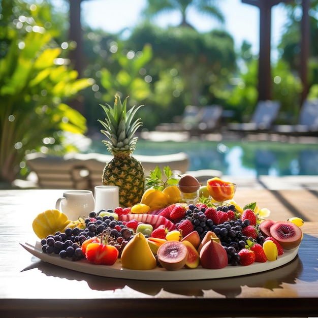 Foto uvas de abacaxi e outras frutas frescas na mesa de madeira na frente da piscina