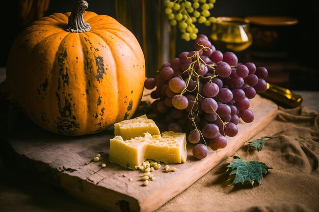 Uvas e uma abóbora em uma mesa de cozinha