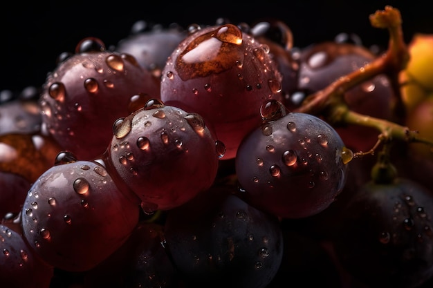 Uvas em um fundo preto com gotas de água