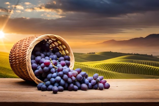 Uvas em uma cesta de vime sobre uma mesa de madeira