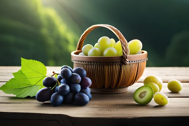 Uvas em uma cesta sobre uma mesa
