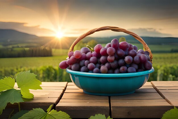 uvas em uma tigela sobre uma mesa com um pôr do sol ao fundo.