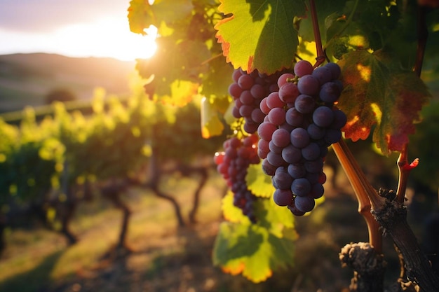 uvas em uma videira ao pôr do sol