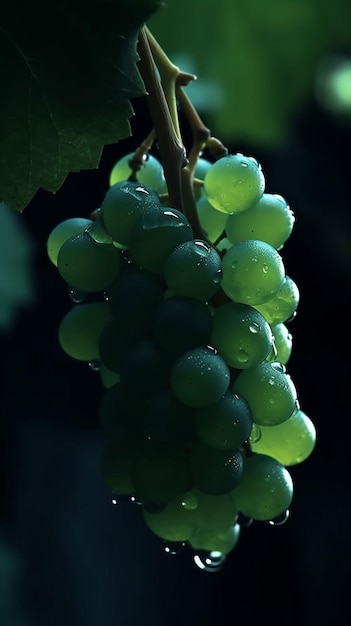 Uvas em uma videira com gotas de chuva