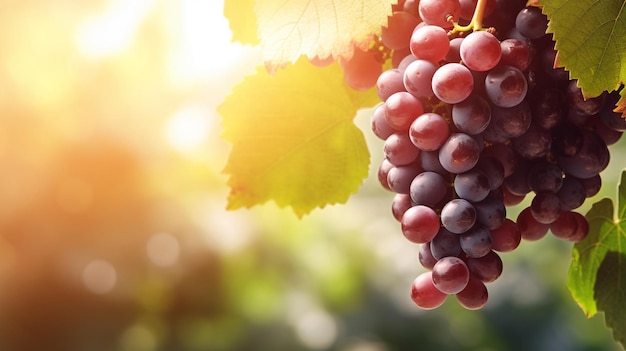 Uvas em uma videira com o sol brilhando sobre elas