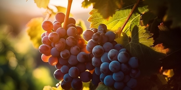 Uvas em uma videira com o sol brilhando sobre elas.