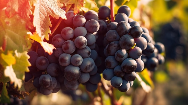 Uvas em uma videira com o sol se pondo atrás delas