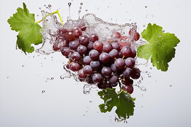 Uvas escuras subindo com salpicos de vinho tinto e folhas de uva em um fundo cinza