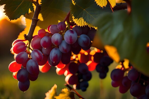 Las uvas están colgando de una vid en un viñedo.