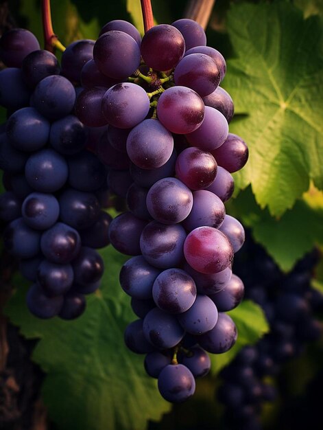 uvas estão penduradas em uma videira com uma folha verde.