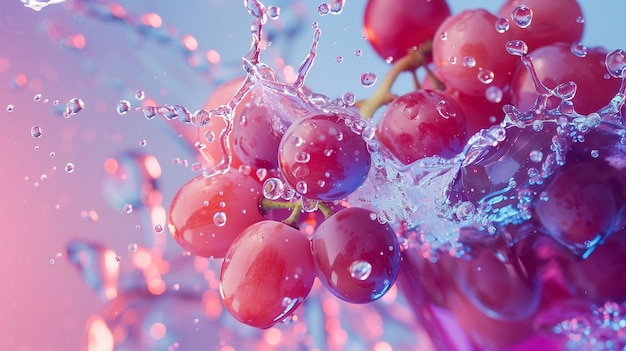 uvas en fondo rosado con salpicaduras de agua
