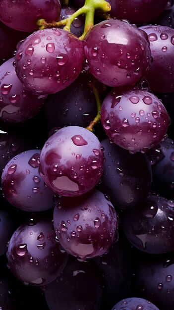 Uvas frescas de lluvia púrpura adornadas con gotas relucientes