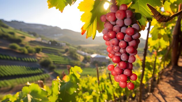 Uvas gordas en un viñedo portugués iluminado por el sol pintorescas y maduras