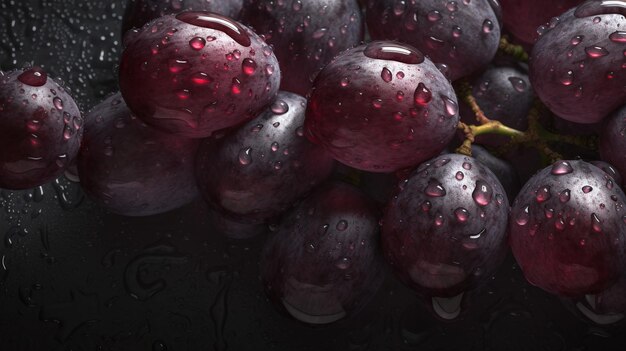 Uvas con gotas de agua sobre un fondo negro