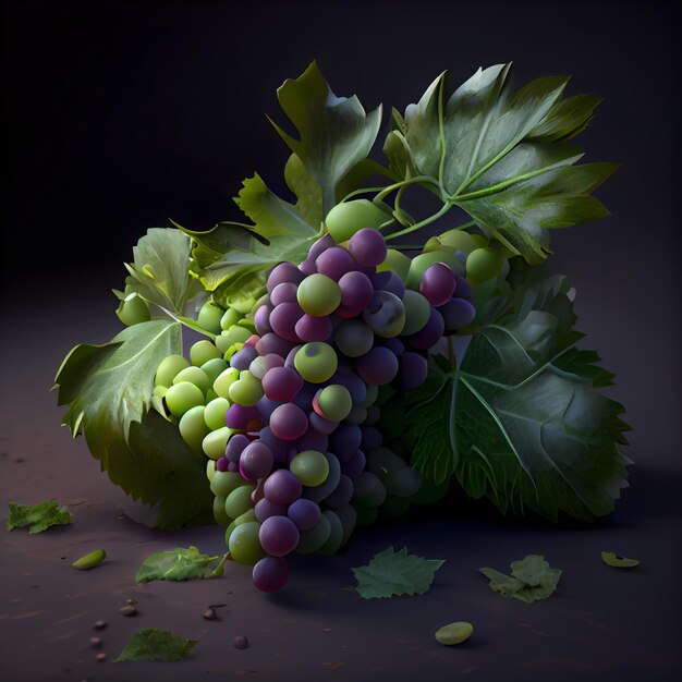 Uvas con hojas verdes sobre fondo negro ilustración 3d