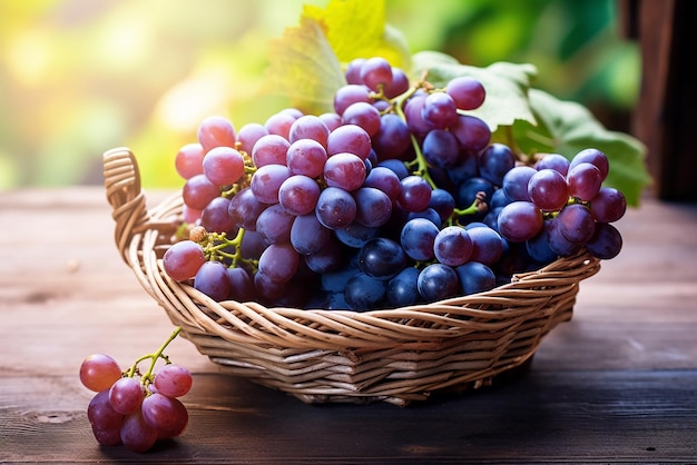 Uvas jugosas en una canasta de madera sobre una mesa Creado con herramientas de IA generativa