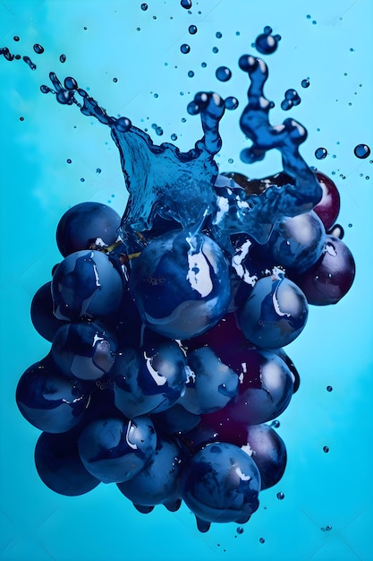Uvas maduras com salpicos de gotas de água ou suco em um fundo azul Generative AI 1