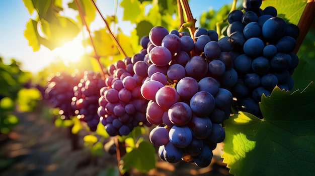 Uvas maduras em seu vinhedo e sol