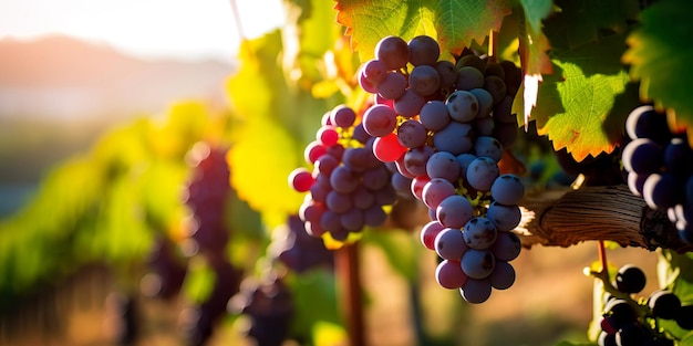 Foto uvas maduras en la vid bañadas en la luz del sol con el telón de fondo de un viñedo exuberante que se extiende en la distancia