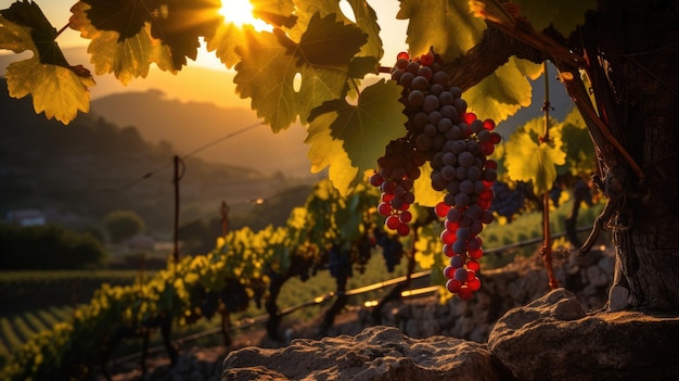 Las uvas maduras en el viñedo al atardecer