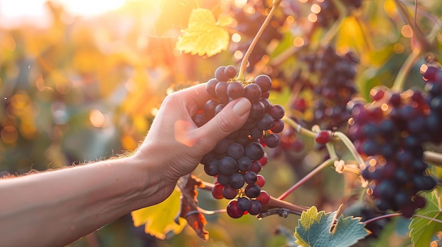 Las uvas en la mano del trabajador de la cosecha en la granja de la viña
