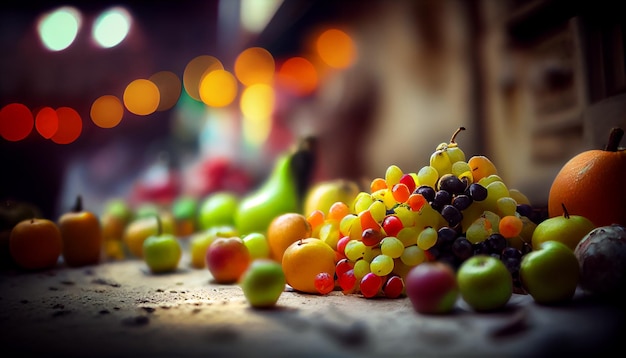 Uvas y manzanas alimentos saludables en el piso IA generativa