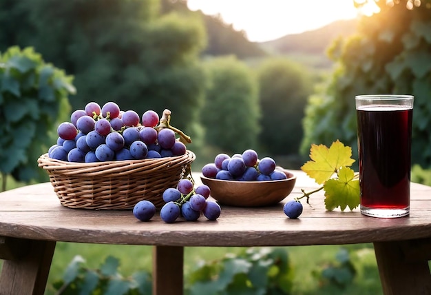 uvas en una mesa con una botella de vino y una canasta de uvas