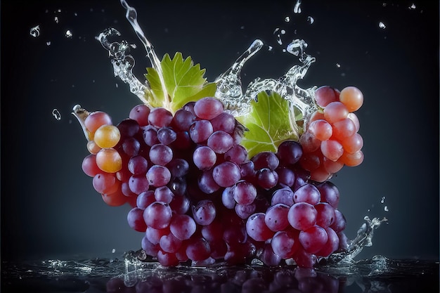 Uvas moradas dulces en salpicaduras de agua en ai generativo negro