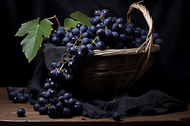 Uvas negras frescas en una canasta Frutas de uvas negras