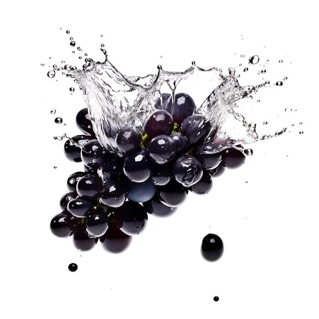 Foto uvas negras y salpicaduras de agua sobre un fondo blanco